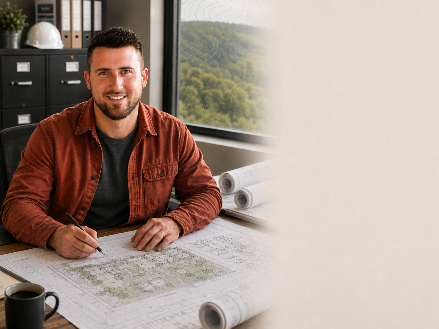 Bradley Barnes working at a desk with plans